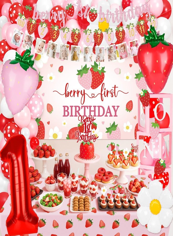 Kriyokiaa Berry First Birthday Decor Strawberry 1st Birthday Decorations for Girls with Pink Red Balloon Arch, Highchair Banner Strawberry Theme Backdrop, Photo Banner, Cake Topper - Image 3